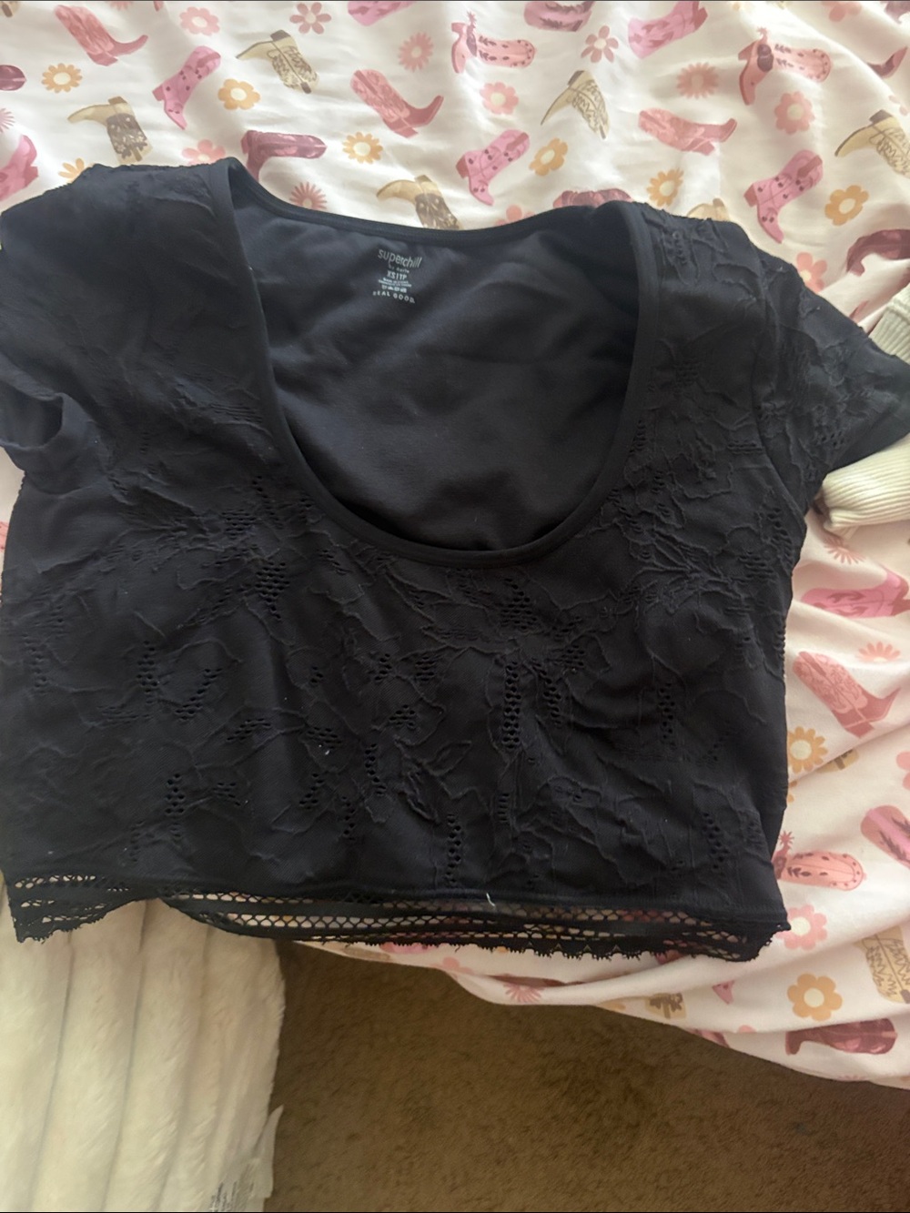 aerie Black Lace Crop Top with Scalloped Hem